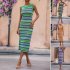Women Tank Dress Fashion Stripe Contrast Color Knitted Long Skirt Slim Fit Sleeveless Sundresses blue S