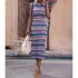 Women Tank Dress Fashion Stripe Contrast Color Knitted Long Skirt Slim Fit Sleeveless Sundresses blue M