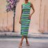Women Tank Dress Fashion Stripe Contrast Color Knitted Long Skirt Slim Fit Sleeveless Sundresses blue S