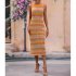Women Tank Dress Fashion Stripe Contrast Color Knitted Long Skirt Slim Fit Sleeveless Sundresses blue S