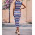 Women Tank Dress Fashion Stripe Contrast Color Knitted Long Skirt Slim Fit Sleeveless Sundresses blue S