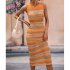 Women Tank Dress Fashion Stripe Contrast Color Knitted Long Skirt Slim Fit Sleeveless Sundresses blue M