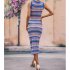 Women Tank Dress Fashion Stripe Contrast Color Knitted Long Skirt Slim Fit Sleeveless Sundresses blue M