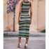 Women Tank Dress Fashion Stripe Contrast Color Knitted Long Skirt Slim Fit Sleeveless Sundresses blue M