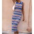 Women Tank Dress Fashion Stripe Contrast Color Knitted Long Skirt Slim Fit Sleeveless Sundresses blue M