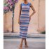 Women Tank Dress Fashion Stripe Contrast Color Knitted Long Skirt Slim Fit Sleeveless Sundresses blue M