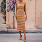 Women Tank Dress Fashion Stripe Contrast Color Knitted Long Skirt Slim Fit Sleeveless Sundresses orange S