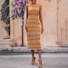 Women Tank Dress Fashion Stripe Contrast Color Knitted Long Skirt Slim Fit Sleeveless Sundresses orange M