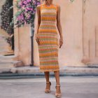 Women Tank Dress Fashion Stripe Contrast Color Knitted Long Skirt Slim Fit Sleeveless Sundresses orange L