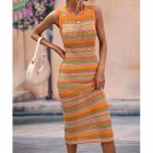 Women Tank Dress Fashion Stripe Contrast Color Knitted Long Skirt Slim Fit Sleeveless Sundresses orange XL