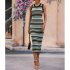 Women Tank Dress Fashion Stripe Contrast Color Knitted Long Skirt Slim Fit Sleeveless Sundresses green S