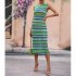 Women Tank Dress Fashion Stripe Contrast Color Knitted Long Skirt Slim Fit Sleeveless Sundresses green S