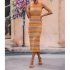 Women Tank Dress Fashion Stripe Contrast Color Knitted Long Skirt Slim Fit Sleeveless Sundresses green S