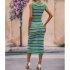 Women Tank Dress Fashion Stripe Contrast Color Knitted Long Skirt Slim Fit Sleeveless Sundresses green S