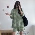 Women Tie dye Short sleeve Suit Round Neck Loose Top Shorts Two piece Set Casual Outfits With Pockets blue XL