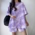 Women Tie dye Short sleeve Suit Round Neck Loose Top Shorts Two piece Set Casual Outfits With Pockets Purple L