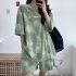 Women Tie dye Short sleeve Suit Round Neck Loose Top Shorts Two piece Set Casual Outfits With Pockets Purple L