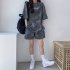 Women Tie dye Short sleeve Suit Round Neck Loose Top Shorts Two piece Set Casual Outfits With Pockets Purple L