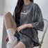 Women Tie dye Short sleeve Suit Round Neck Loose Top Shorts Two piece Set Casual Outfits With Pockets Purple L