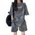 Women Tie dye Short sleeve Suit Round Neck Loose Top Shorts Two piece Set Casual Outfits With Pockets Purple L