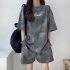 Women Tie dye Short sleeve Suit Round Neck Loose Top Shorts Two piece Set Casual Outfits With Pockets Purple L
