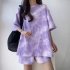 Women Tie dye Short sleeve Suit Round Neck Loose Top Shorts Two piece Set Casual Outfits With Pockets Purple L