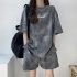 Women Tie dye Short sleeve Suit Round Neck Loose Top Shorts Two piece Set Casual Outfits With Pockets grey XL