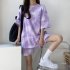 Women Tie dye Short sleeve Suit Round Neck Loose Top Shorts Two piece Set Casual Outfits With Pockets grey XL