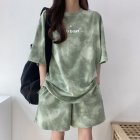 Women Tie-dye Short-sleeve Suit Round Neck Loose Top Shorts Two-piece Set Casual Outfits With Pockets green M