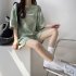 Women Tie dye Short sleeve Suit Round Neck Loose Top Shorts Two piece Set Casual Outfits With Pockets green L