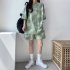Women Tie dye Short sleeve Suit Round Neck Loose Top Shorts Two piece Set Casual Outfits With Pockets green L