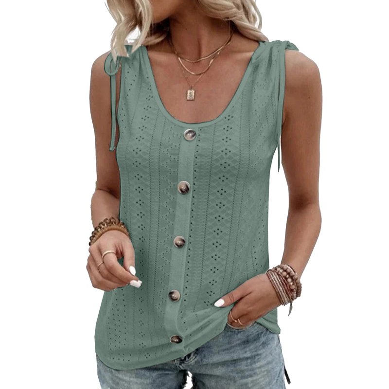 Wholesale Women Tunic Tank Tops Casual Eyelet Sleeveless Shirt Blouse  Summer Solid Color Loose Fit Button Tank Tops bean green XL From China