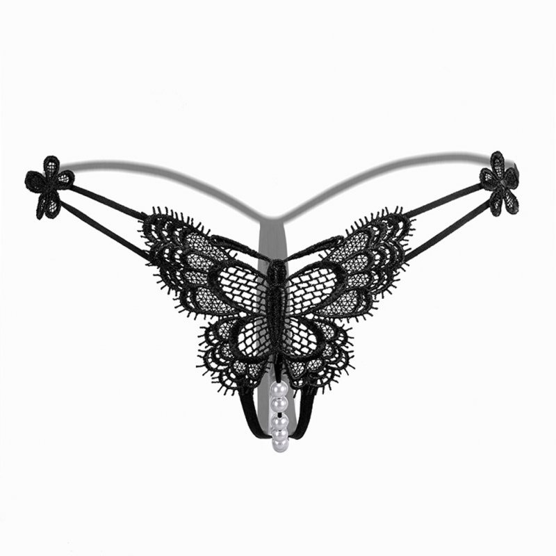 Wholesale Women Underwear Sexy Pearl G-string Butterfly Lace Ladies Panties  Underwear Pants Thong 2201 # black_One size From China