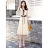 Women V Neck Dress Summer Short Sleeves Trendy Printing Contrast Color A line Skirt Casual Large Size Midi Skirt apricot 3XL