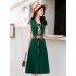 Women V Neck Dress Summer Short Sleeves Trendy Printing Contrast Color A line Skirt Casual Large Size Midi Skirt apricot 3XL
