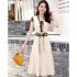 Women V Neck Dress Summer Short Sleeves Trendy Printing Contrast Color A line Skirt Casual Large Size Midi Skirt apricot 3XL