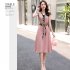 Women V Neck Dress Summer Short Sleeves Trendy Printing Contrast Color A line Skirt Casual Large Size Midi Skirt apricot 3XL