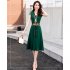 Women V Neck Dress Summer Short Sleeves Trendy Printing Contrast Color A line Skirt Casual Large Size Midi Skirt green M