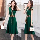 Women V Neck Dress Summer Short Sleeves Trendy Printing Contrast Color A-line Skirt Casual Large Size Midi Skirt green L