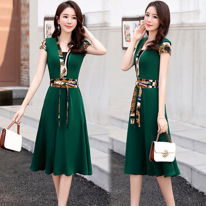 Women V Neck Dress Summer Short Sleeves Trendy Printing Contrast Color A-line Skirt Casual Large Size Midi Skirt green 2XL