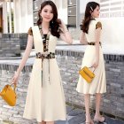 Women V Neck Dress Summer Short Sleeves Trendy Printing Contrast Color A-line Skirt Casual Large Size Midi Skirt apricot M