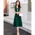 Women V Neck Dress Summer Short Sleeves Trendy Printing Contrast Color A line Skirt Casual Large Size Midi Skirt apricot 3XL