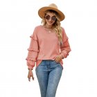Women V Neck Long Sleeve Blouse Loose Fit Ruffles Tunics Tops Solid Color Casual Pullover Knitted Sweater Pink S