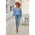 Women V Neck Long Sleeve Blouse Loose Fit Ruffles Tunics Tops Solid Color Casual Pullover Knitted Sweater Pink L