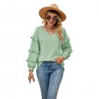 Women V Neck Long Sleeve Blouse Loose Fit Ruffles Tunics Tops Solid Color Casual Pullover Knitted Sweater bean green M