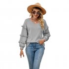 Women V Neck Long Sleeve Blouse Loose Fit Ruffles Tunics Tops Solid Color Casual Pullover Knitted Sweater grey M