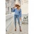 Women V Neck Long Sleeve Blouse Loose Fit Ruffles Tunics Tops Solid Color Casual Pullover Knitted Sweater haze blue S