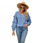 Women V Neck Long Sleeve Blouse Loose Fit Ruffles Tunics Tops Solid Color Casual Pullover Knitted Sweater haze blue M