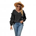 Women V Neck Long Sleeve Blouse Loose Fit Ruffles Tunics Tops Solid Color Casual Pullover Knitted Sweater black S
