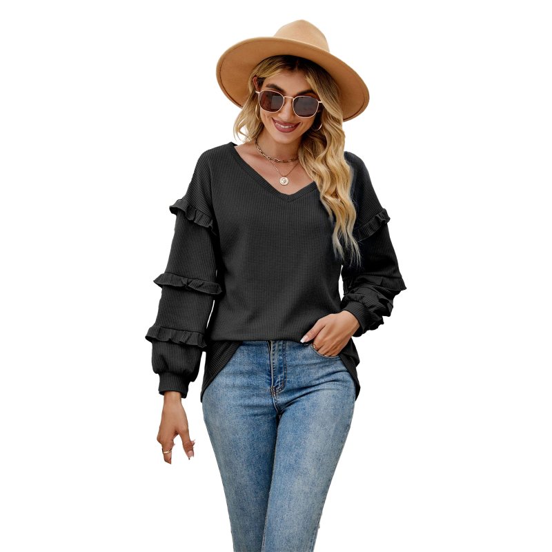 Women V Neck Long Sleeve Blouse Loose Fit Ruffles Tunics Tops Solid Color Casual Pullover Knitted Sweater black L